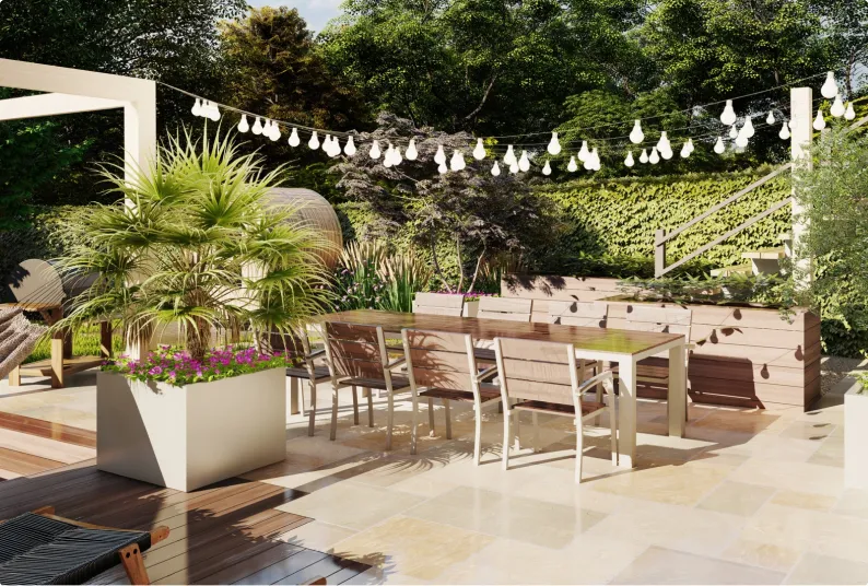 Éclairage extérieur intégré dans un jardin Jadenn au crépuscule